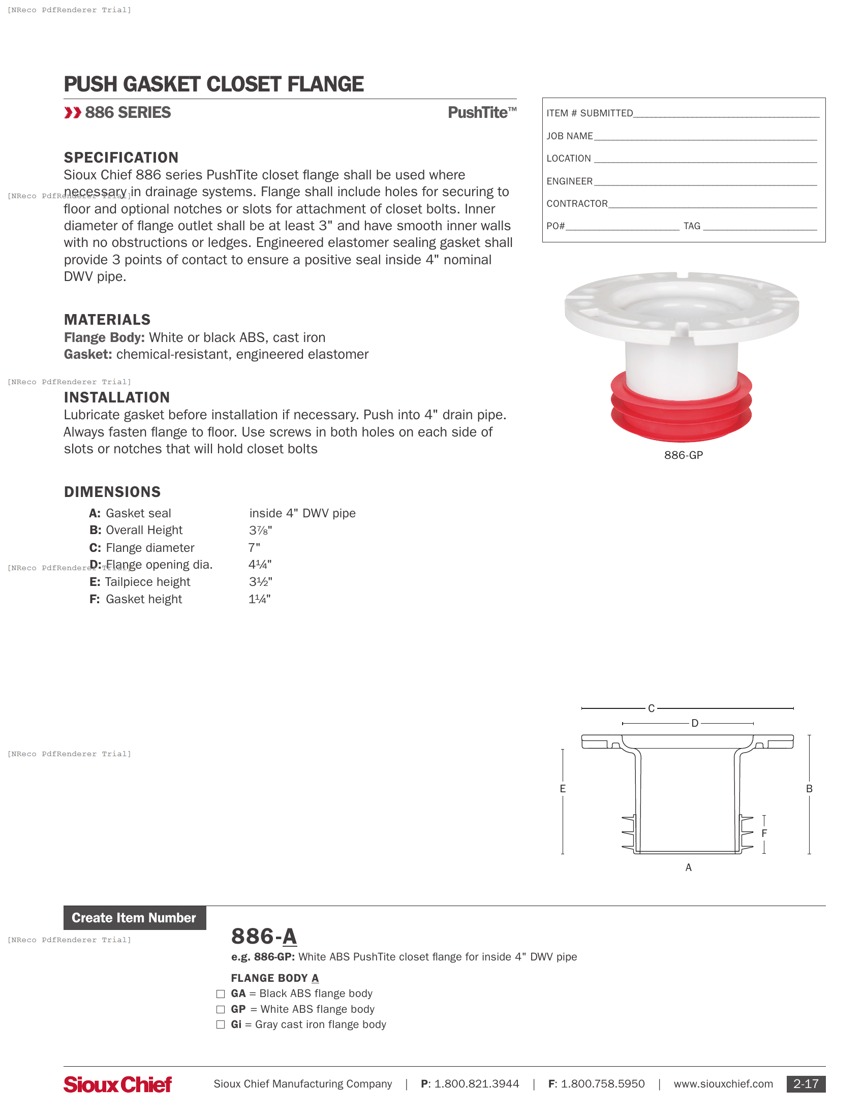 886 SERIES - PUSHTITE CLOSET FLANGE - SPEC SHEET.PDF Specification Document